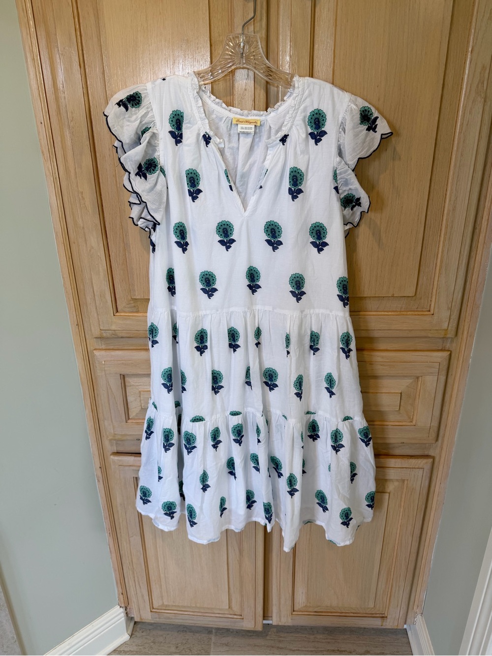 White Tiered Casual Dress with Green & Navy Floral Embroidery